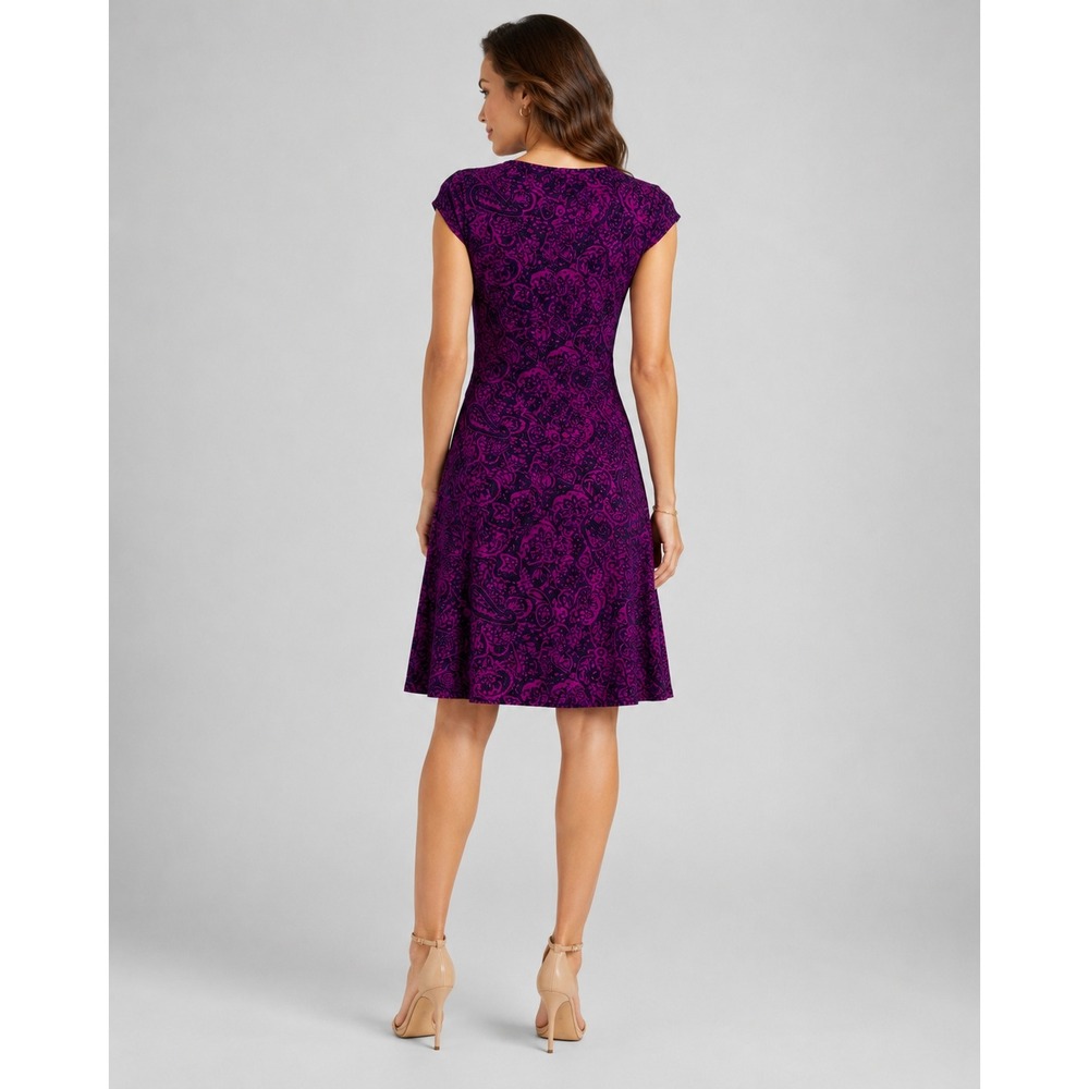 Chaps Purple Paisley Faux Wrap Dress S Cap Sleeve Stretch Autumn Wedding Guest - Picture 4 of 11